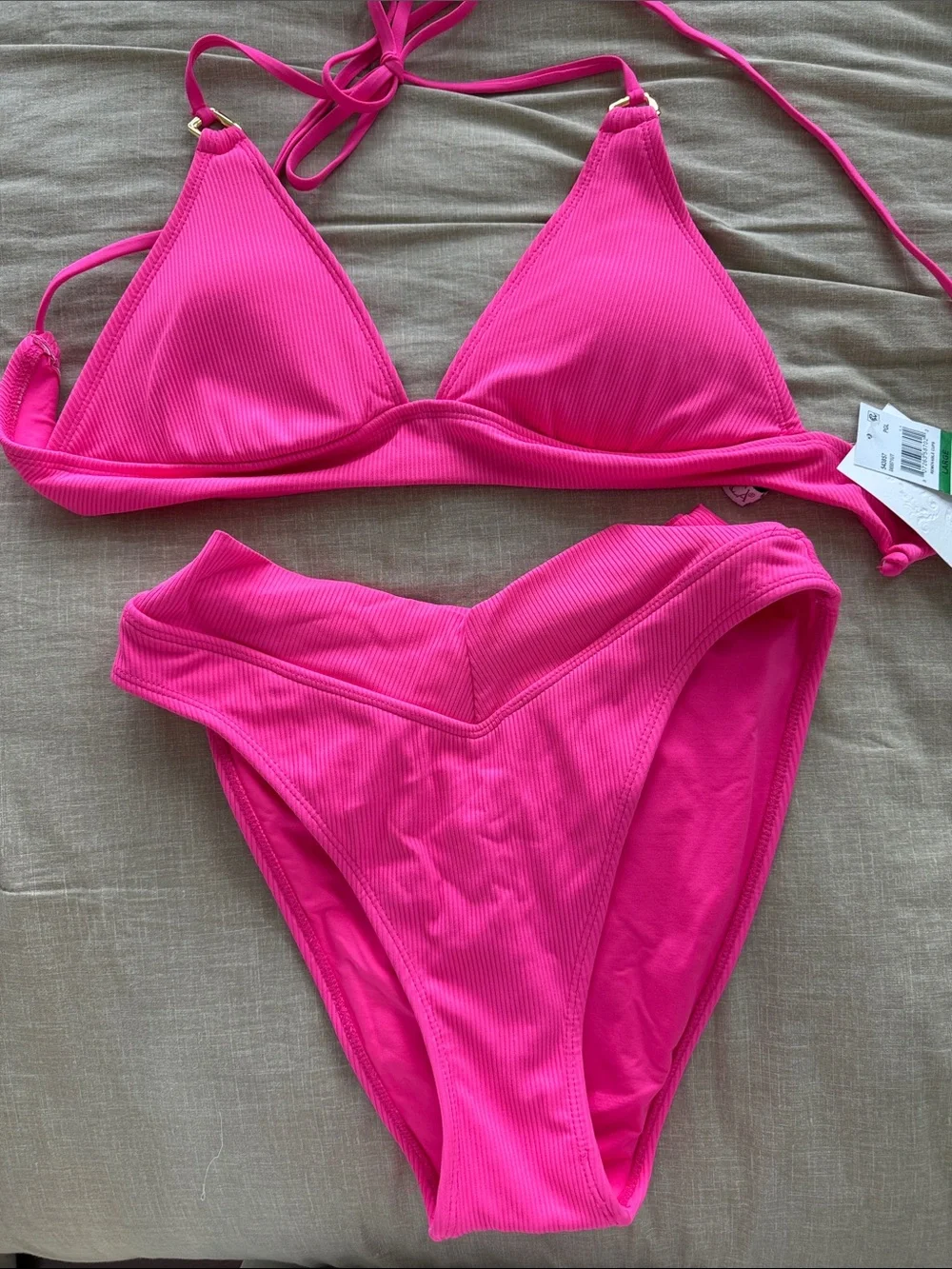 BECCA Hot Pink Ribbed Triangle Bikini Set - Picture 1 of 5